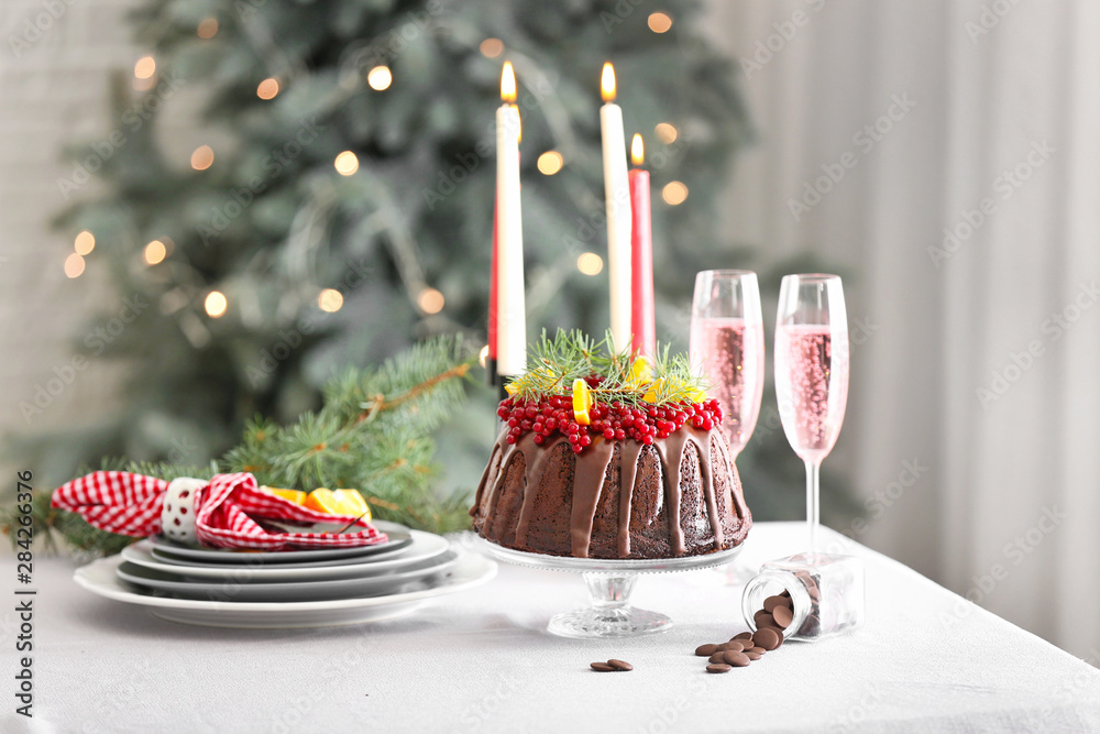Tasty Christmas pie on table served for dinner