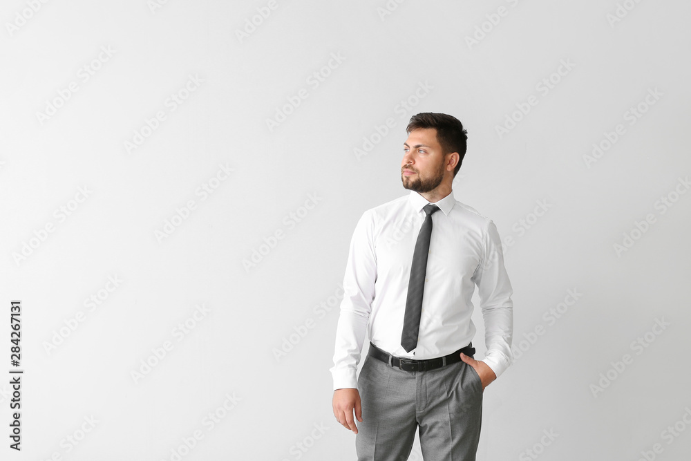 Portrait of handsome businessman on light background
