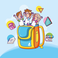 Poster - cute little students in schoolbag with set icons