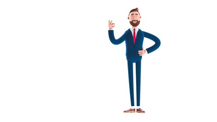 Sticker - Billy cartoon businessman character shows ok sign with fingers on white background. 3d render illustration. Looped video. 