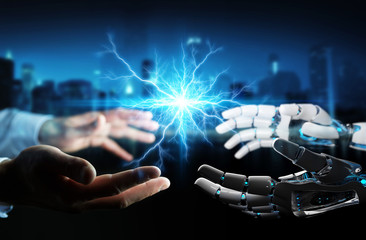 Robot hand creating electricity with human hand 3D rendering