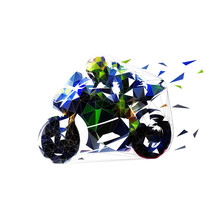 Motorcycle Racer Rides Blue Road Bike. Moto Racing, Low Polygonal Blue Motorbike, Isolated Geometric Vector Illustration. Side View
