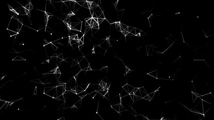 Poster - Dark background, rotating flickering white light mesh cloud of connections. Connected polygons plexus geometric background can be used for scientific or technology presentations.