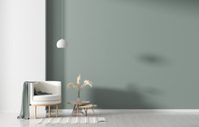 Empty Wall In Scandinavian Style Interior With Armchair. Minimalist Interior Design. 3D Illustration.