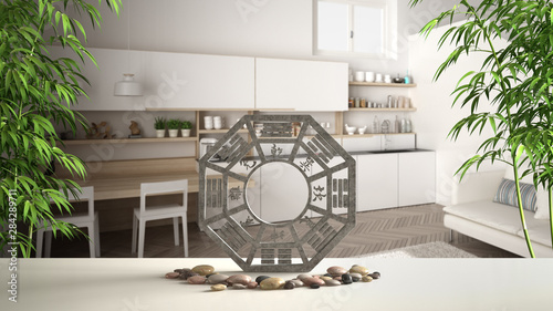 Cuadros en Lienzo White table shelf with bagua, pebble stone and bamboo plants, white scandinavian