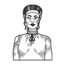 Fabulous Artificial Monster Zombie Woman Sketch Engraving Vector Illustration. Scratch Board Style Imitation. Black And White Hand Drawn Image.