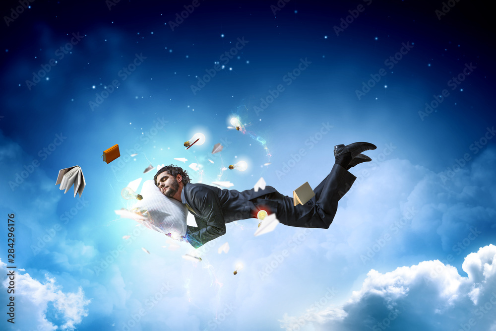 Joyful happe businessman levitating horizontally - obrazy, fototapety, plakaty 