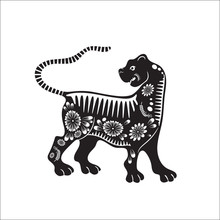 Chinese Zodiac Sign Of The Year Of The Tiger. Black Tiger With White Ornament.