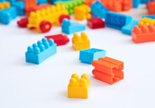 Plastic Toy Blocks On White Background