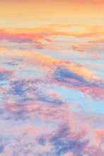 Heavenly Abstract Summer Gentle Vertical Background. Beautiful Picturesque Bright Majestic Dramatic Evening Morning Sky At Sunset Or Dawn In Orange And Blue In Pastel Colors. The Sun Rises On A Warm D