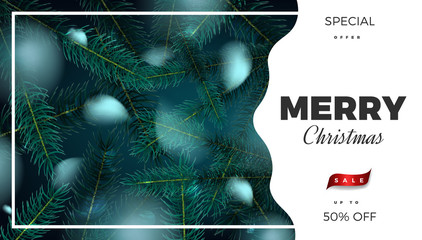 Canvas Print - Merry Christmas sale banner, abstract festive background with fir tree forest vector promo poster design