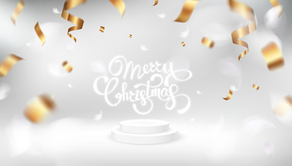 Canvas Print - Merry Christmas white background design with golden ribbon decoration