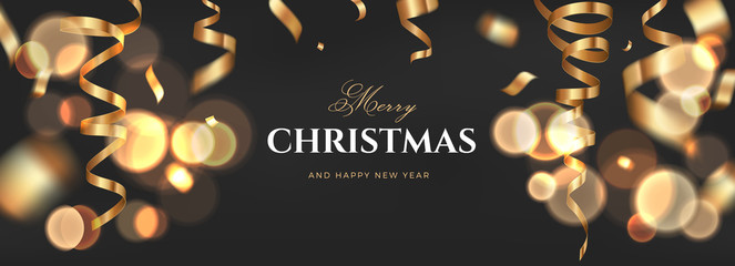 Wall Mural - Merry Christmas black background design with golden ribbon decoration