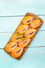 Slices of fresh salmon. Ingredient for cooking healthy seafood. Concept omega 3 containing food