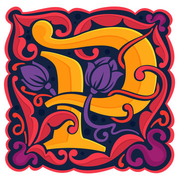 P letter colorful antique gothic initial logo.