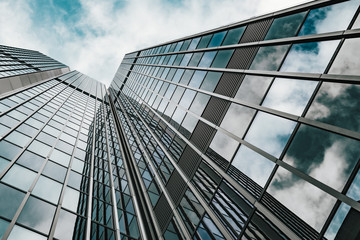 Wall Mural - Glass surface of skyscrapers view in district of business centers.  black and white