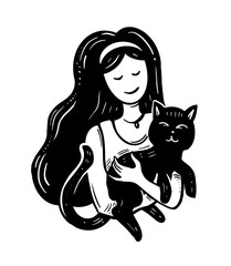 sketch girl hugs a black cat