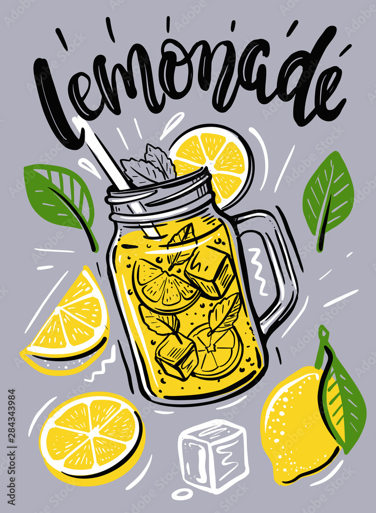 Cup with lemonade, sketch for your design - obrazy, fototapety, plakaty 
