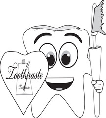 Wall Mural - cartoon tooth with toothbrush and shield on a white background