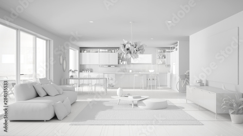 Total White Project Of Penthouse Living Room And Kitchen