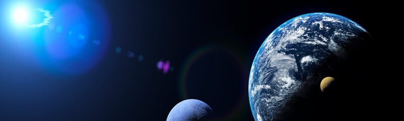 Wall Mural - concept of large blue planet with two satellite moons orbiting and a distant blue star panoramic