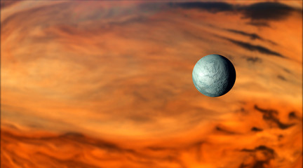 Wall Mural - moon orbiting a gas giant concept, with swirling orange clouds and storms