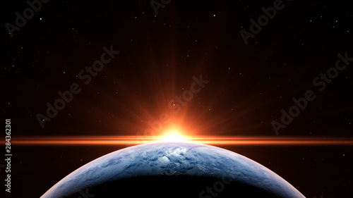 Cuadros en Lienzo Sunrise over the planet Earth concept with a bright sun and flare and city light