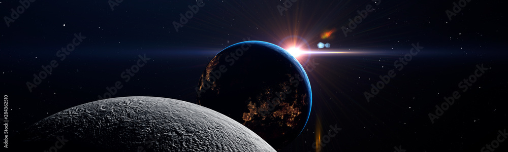 Luna eclipse in space concept showing the moon, planet Earth and the bright sun, panoramic - obrazy, fototapety, plakaty 