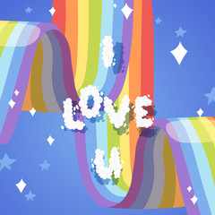 Wall Mural - I love you card with rainbow bright colorful sky weather banner vector illustration. Curve shape, fantasy beautiful art clouds background. Sweet magic design for children or kids