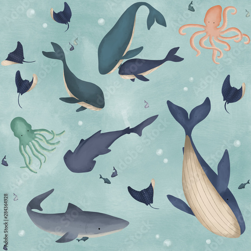 Fototapeta na szkło Illustrated whales sharks octopus and other sea creatures seamless repeat pattern tile