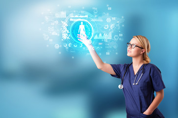 Poster - Doctor touching hologram screen displaying medical symbols and charts