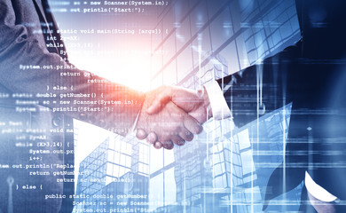 two people shaking hands, lines of code