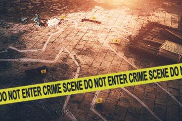 Wall Mural - White chalk outline of killed body, blood an floor and yellow police caution tape with text - crime scene, do not enter. Murder investigation concept