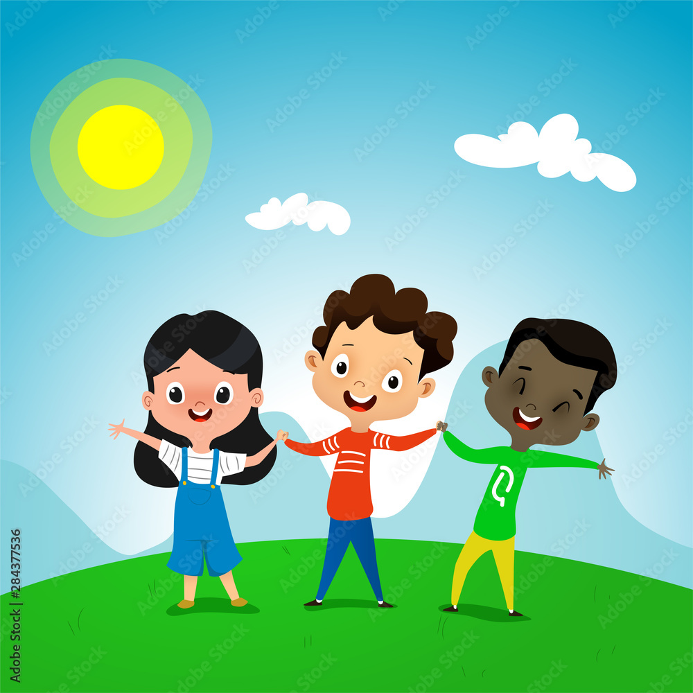 Cute cartoon kids holding hands on summer background Stock Vector ...