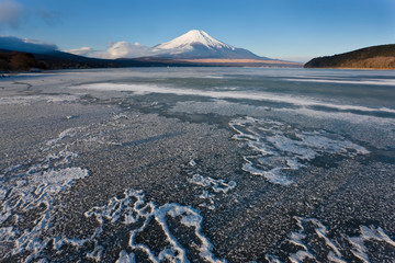 Sticker - Ice on Lake Yamanaka with snow-covered Mount Fuji in background, Japan