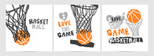 Collection Of Hand-drawing Basketball Designs On A White Background, Grunge Style, Sketch, Lettering, Hoop. Sports Print, Slogan.