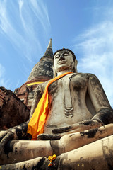 Wall Mural - Ayutthaya, Thailand. Large Buddha at Wat Phra Mahathat, Ayutthaya Historical Park, near Bangkok