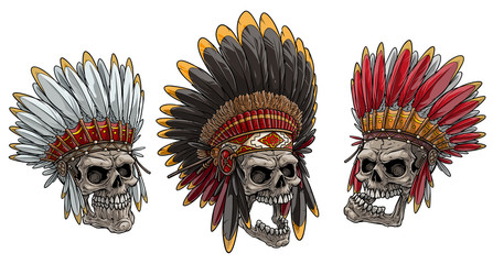 Wall Mural - Cartoon detailed realistic colorful scary human skulls in native american indian chief headdress with feathers. Isolated on white background. Vector icon set.