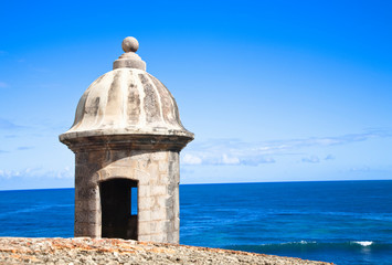 Canvas Print - San Juan, Puerto Rico - An old stone watchtower looks out over the ocean.