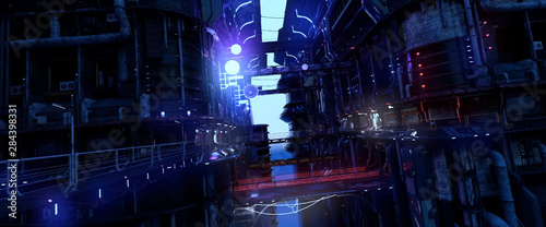 Fotomural 3D illustration of a futuristic city in a cyberpunk style