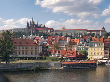 Czech Republic, Prague. The View To Prague Castle From The Charles Bridge, Prague, Czech Republic, Includes A Children's Playground.