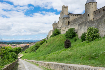 Sticker - France, Languedoc-Roussillon, ancient fortified city of Carcassonne, UNESCO World Heritage Site. Chateau de Carcassonne. City walls and gates.