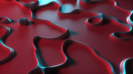 Wall Mural - Abstract shapes design on red background with blue red 3d curved lines close-up view..