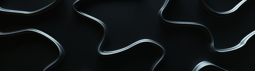 Wall Mural - Abstract shapes design on dark background with  blue steel 3d curved lines top view close up panoramic.