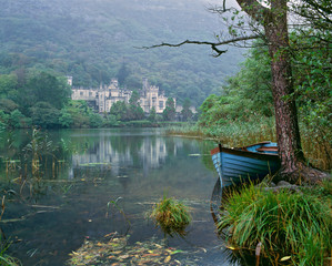 Sticker - Ireland, Kylemore. A light rain enhances the cool and quiet impression of Kylemore Abbey, in Connemara, Co. Galway, Ireland.