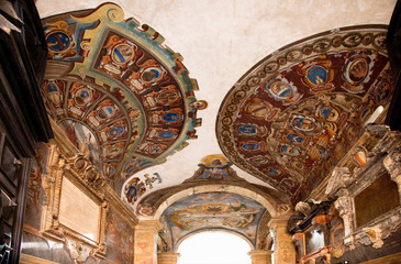 Canvas Print - Bologna, Emilia-Romagna, Italy - Church ceiling painted with ornate religious art.