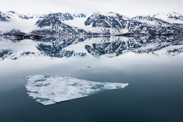 Sticker - Arctic, Norway, Svalbard, Spitsbergen, Monaco glacier, Reflections of mountains and glacier.