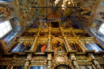 Wall Mural - Russia, Golden Ring city of Uglich on the Volga. Church of St. Dmitry (aka Demetrius) on the Blood, interior. Ornate gold altar & painted fresco walls & ceiling. 