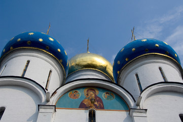 Sticker - Russia, Golden Ring (aka Zolotoe Koltso), Sergiyev Posad (aka Sergiev), formerly Zagorsk. Trinity Monastery of St. Sergius. Blue domes of the Cathedral of the Dormition (1559-1585).