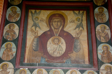 Poster - Russia, Moscow, Red Square. St. Basil's Cathedral (aka Pokrovsky Sobor or Cathedral of the Intercession of the Virgin on the Moat). Sign of the Holy Virgin icon on eastern facade.